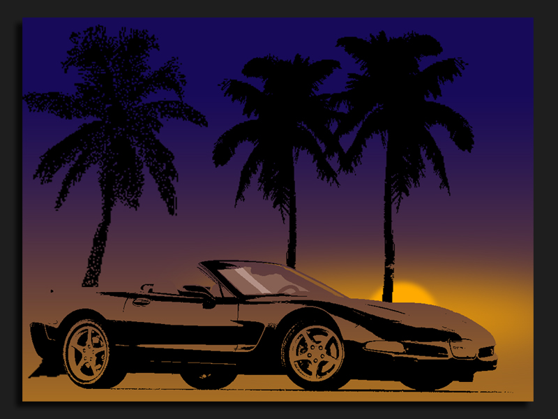 Cabrio und Palmen vor Sonnenaufgang
