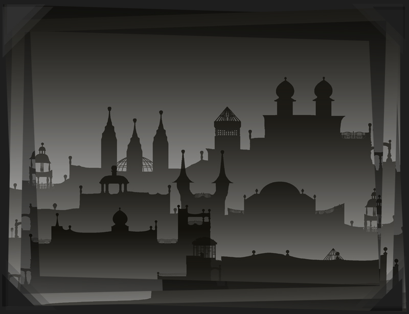 Tuerme einer Burg im Nebel