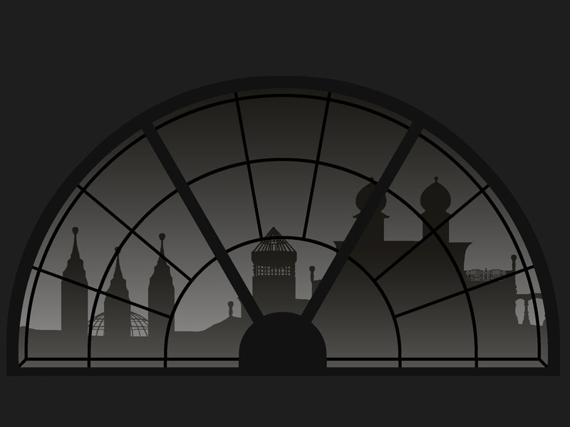 Blick durch Rundfenster auf Teile der Burg